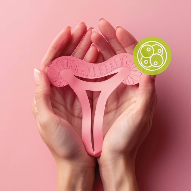Hände halten sanft einen rosafarbenen Ausschnitt einer Gebärmutter auf rosafarbenem Hintergrund, mit einem grünen kreisförmigen Symbol, das Zellen in der oberen rechten Ecke zeigt und die reproduktive Gesundheit und Fruchtbarkeit der Frau symbolisiert.